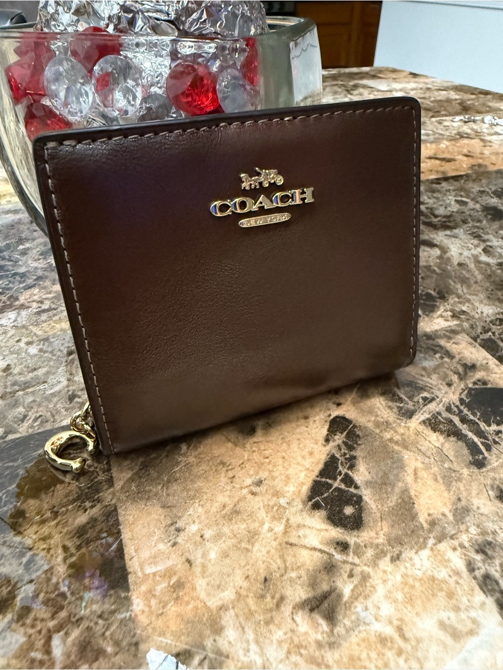 Coach Dark Brown Leather Bifold Wallet with Gold Logo